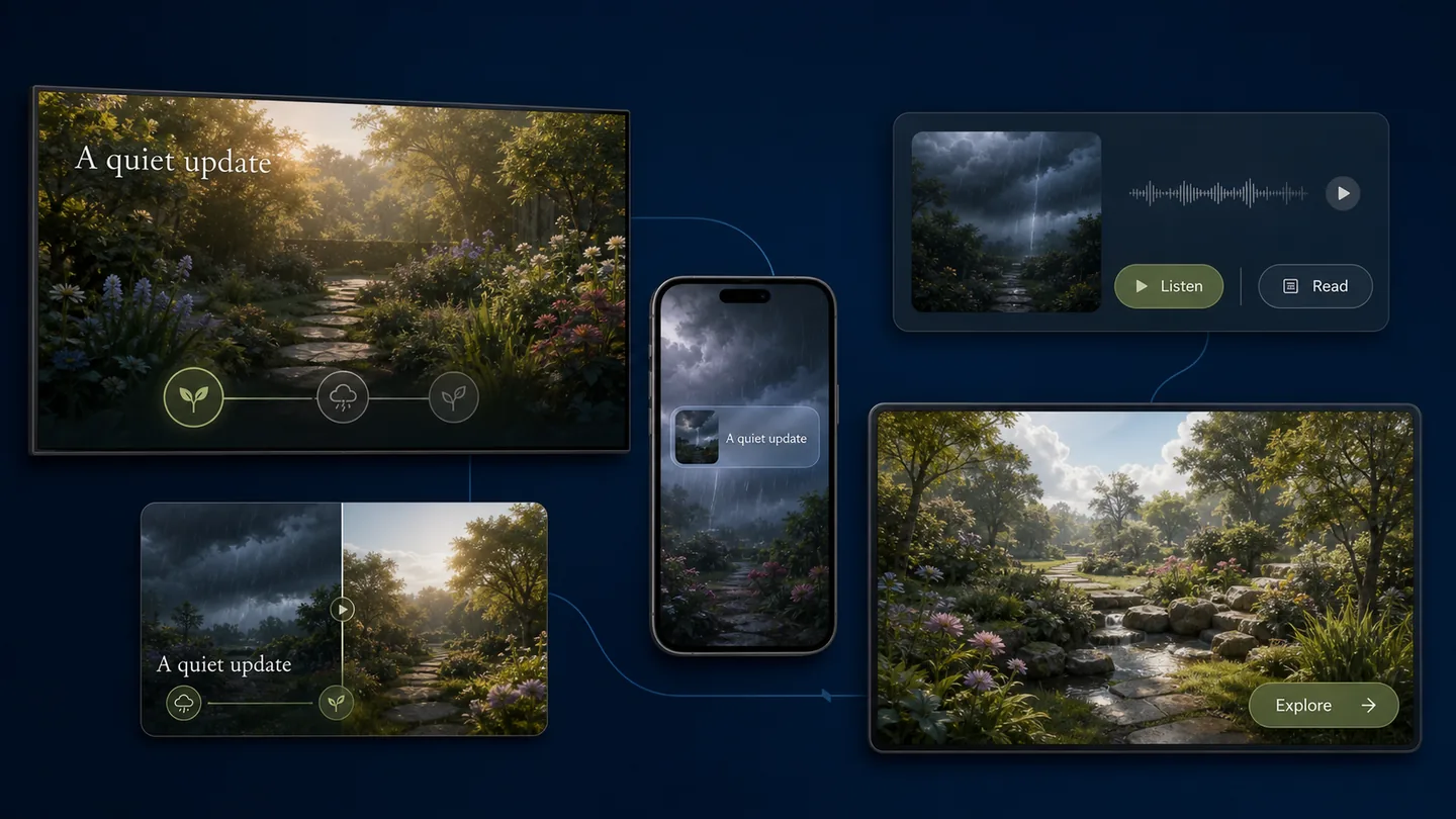 One changing garden appears coherently as an ambient view, a phone update, an audio moment with transcript, a visual comparison, and a full interactive world.