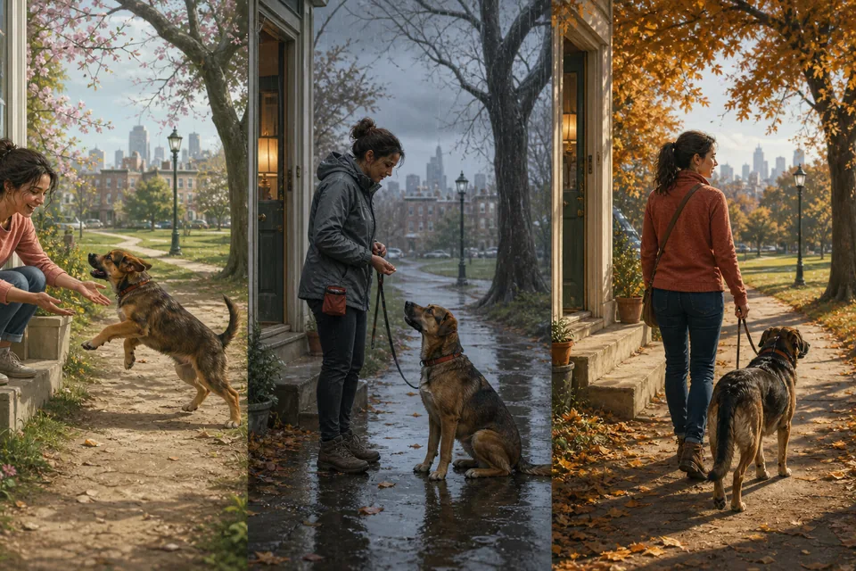 The same person and dog meet, practice everyday care in the rain, and walk together confidently in autumn.