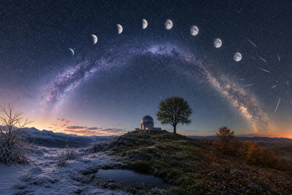 One observatory landscape spans the seasons beneath lunar phases, the Milky Way, and a meteor shower.