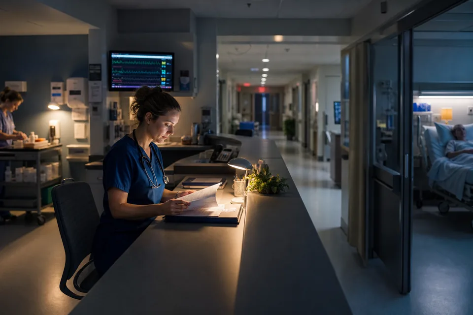 A nurse begins a calm night shift at a hospital station with several areas of attention visible along the corridor.