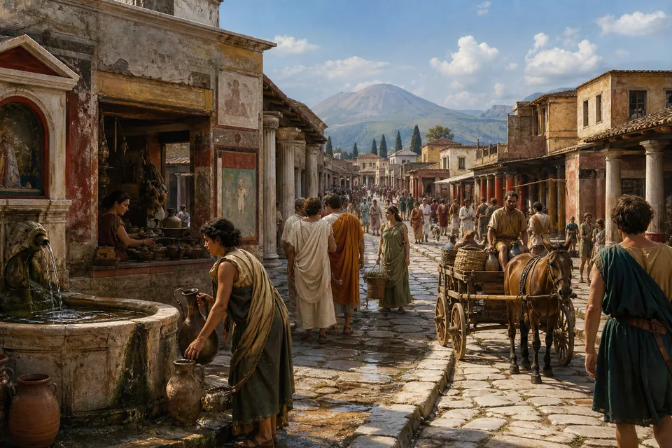 A busy street in Pompeii before the eruption, with a fountain, shops, carts, residents, and Mount Vesuvius in the distance.