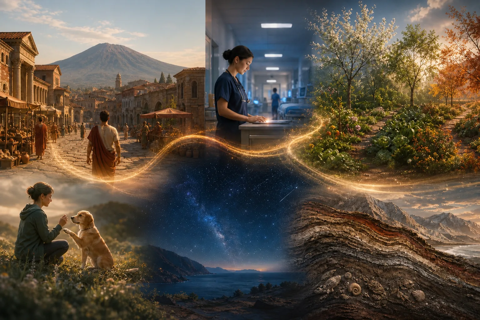 Six connected Experiences worlds span Pompeii before the eruption, a nursing night shift, a garden through the seasons, care for a dog, the changing night sky, and geological time.