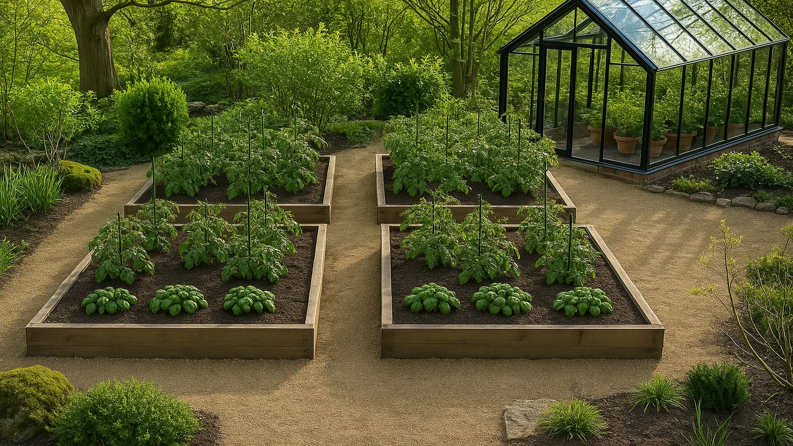 A flourishing kitchen garden with raised beds and a glasshouse among mature trees.