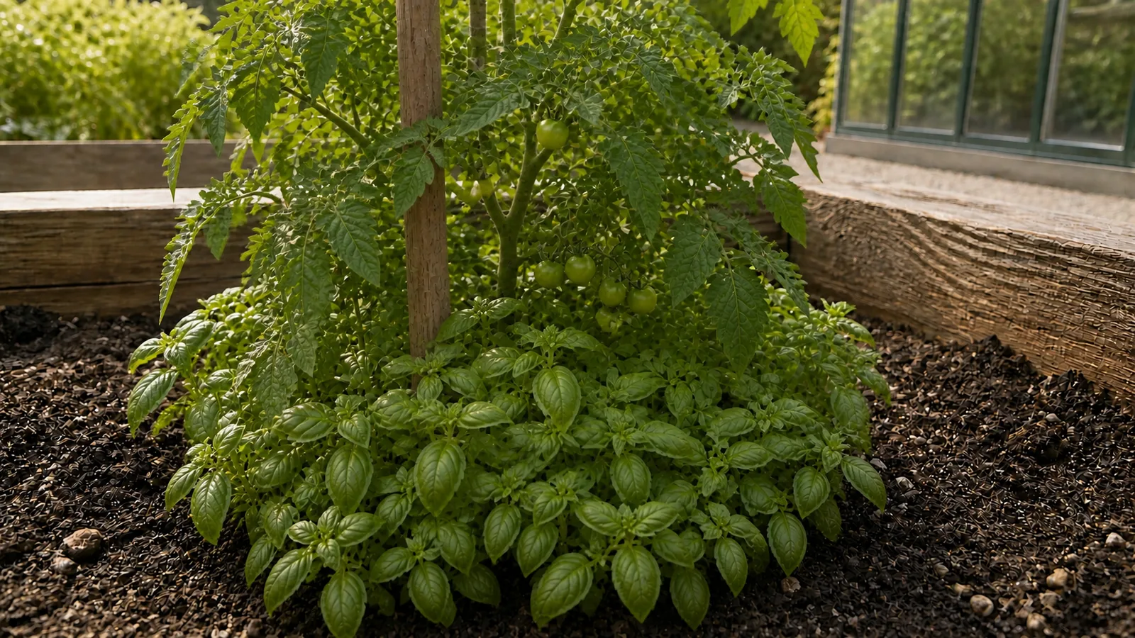 A close view inside a fruiting plant shows leaves, stems, and developing fruit.