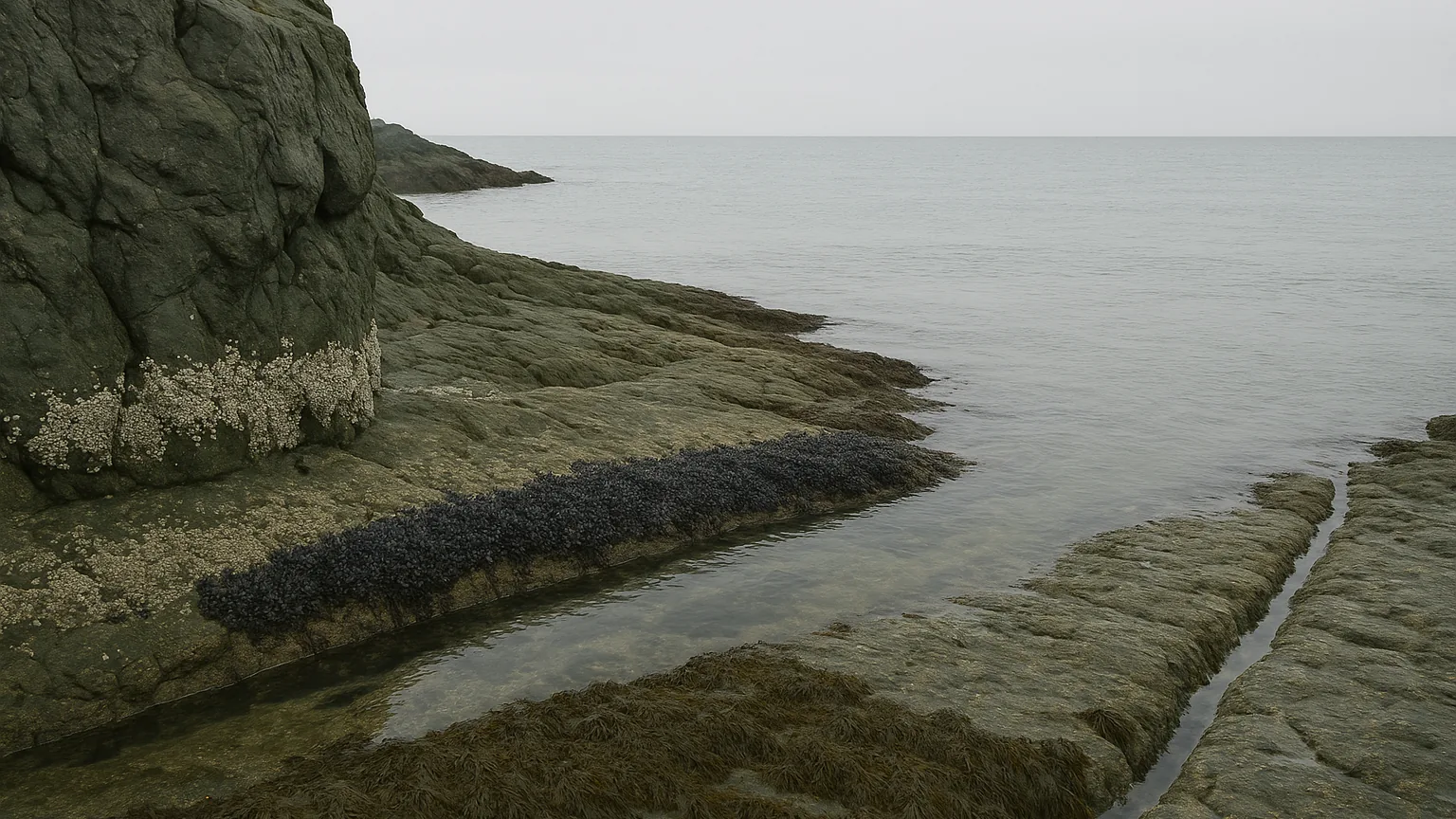 A rocky tidal shore with barnacles, mussel beds, pools, and the sea beyond.