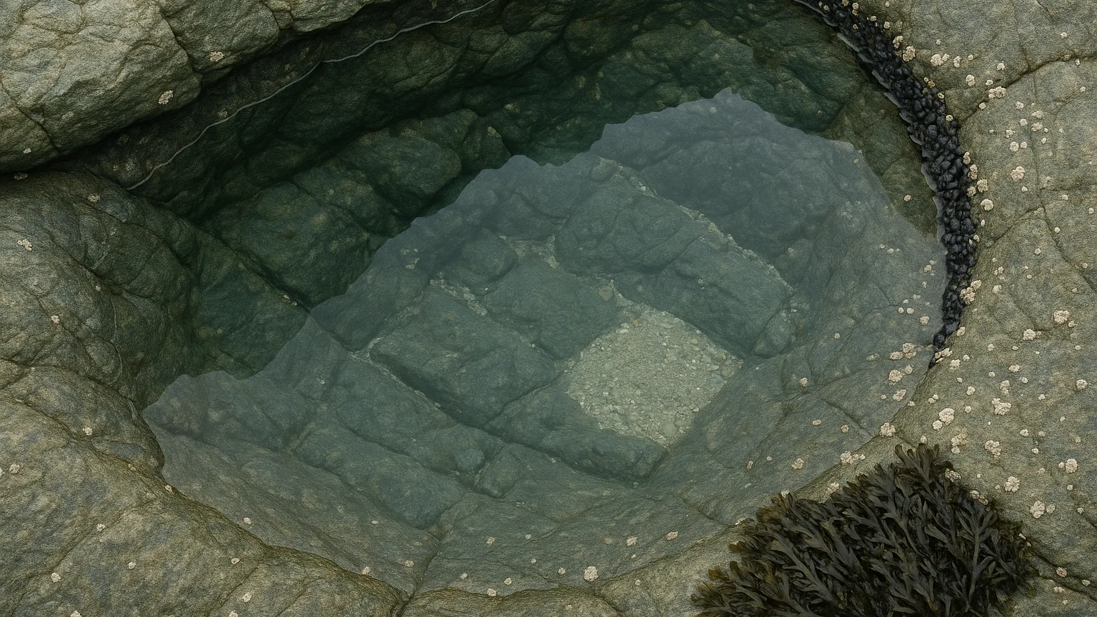 A tidal pool among rocks reveals life beneath the water.